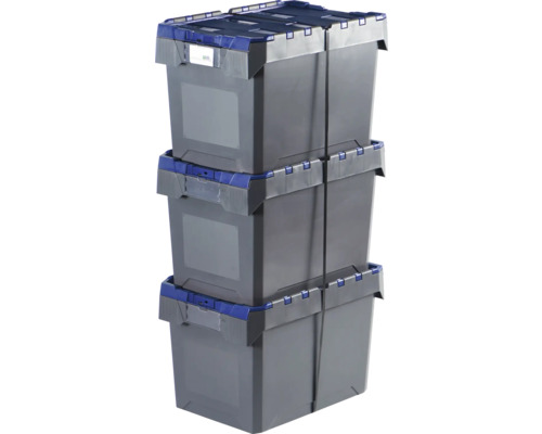 Trei cutii de depozitare din plastic gri, stivuite și fixate cu benzi.