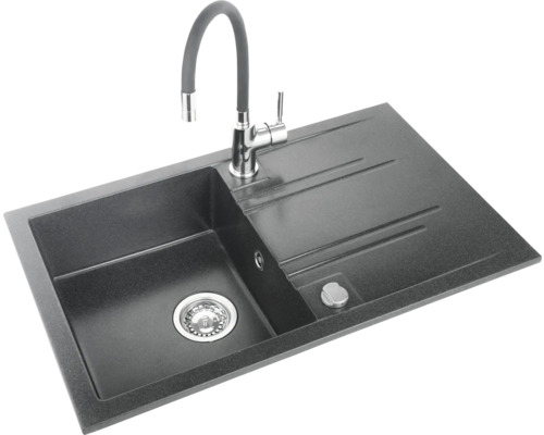 Pachet chiuvetă bucătărie compozit 1 cuvă Ferro Mezzo 48x78 cm negru ,incl. baterie Zumba Chiuvetă cu picurător și robinet
