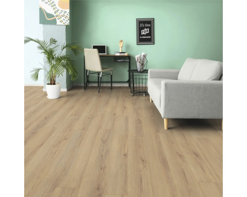 Cameră de zi cu podea din lemn maro deschis, canapea, birou și plantă de interior