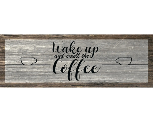 Panou decorativ din lemn cu inscripția ''Wake up and smell the coffee'' și motive cu cești de cafea
