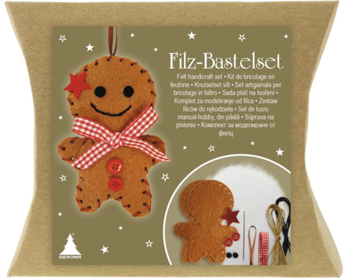 Set de lucru manual din pâslă cu motiv om de turtă dulce în ambalaj