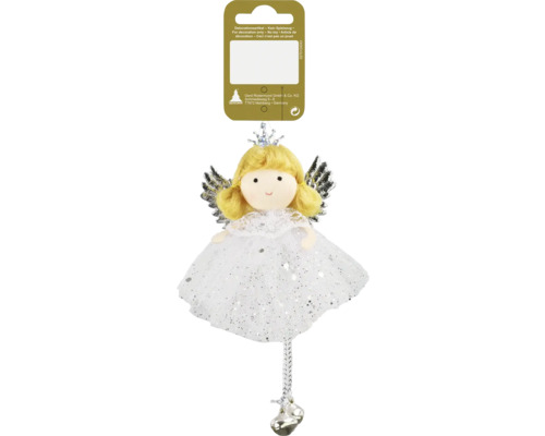 Decorațiune Înger cu agățătoare 9,5x7 cm alb Ornament de brad de Crăciun Înger cu clopoței ca decorațiune