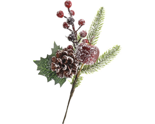 Ramură decorativă cu conuri plastic 22 cm Ramură decorativă de Crăciun cu ramuri de brad, conuri, fructe de pădure și măr