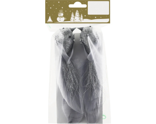 Set 2 păsări plastic 5x12,5 cm argintiu cu sclipici Ambalaj cu doi păsări decorative cu pene și aplicații cu sclipici