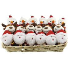 Coș cu jucării de pluș om de zăpadă, ren și Moș Crăciun