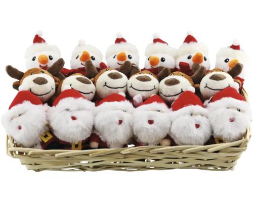 Coș cu jucării de pluș om de zăpadă, ren și Moș Crăciun