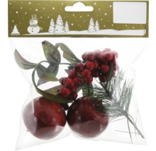 Ambalaj cu elemente decorative: crenguțe, fructe de pădure roșii și bile.