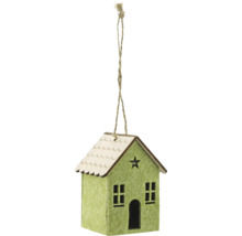 Casă decorativă suspendată din pâslă și lemn cu decupaj în formă de stea ca decorațiune pentru pomul de Crăciun