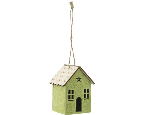 Decorațiune casă cu agățătoare lemn/pâslă 7,5x9 cm verde Casă decorativă suspendată din pâslă și lemn cu decupaj în formă de stea ca decorațiune pentru pomul de Crăciun