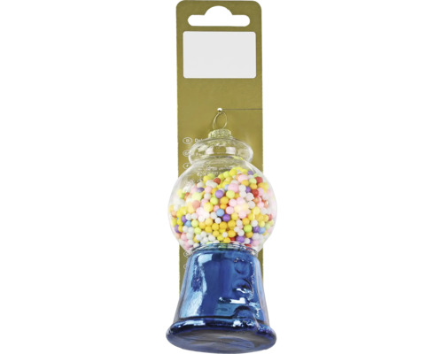 Decorațiune aparat bile cu agățătoare sticlă 11 cm albastru Decorațiune decorativă pentru pomul de Crăciun în formă de automat de bomboane, umplută cu bile colorate