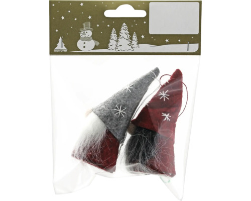 Decorațiune elf cu agățătoare pâslă 8 cm roșu/gri 2 buc. Doi pitici decorativi cu căciuli și bărbi într-un pachet