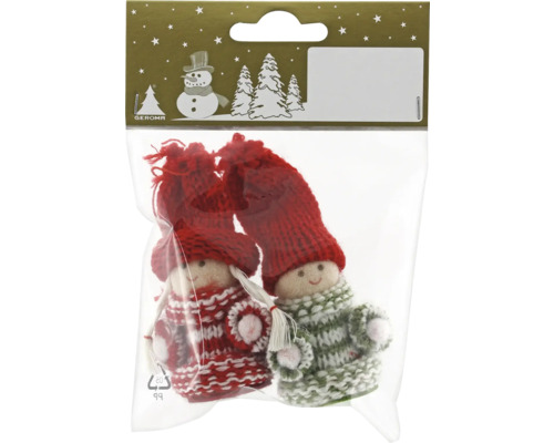 Set 2 figurine cu agățătoare tricot 9,5 cm verde/roșu Pachet cu două figurine tricotate de pitici cu căciuli ca decorațiuni de Crăciun