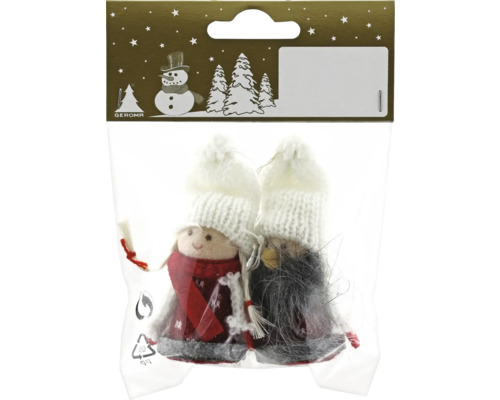 Set 2 figurine cu agățătoare tricot 9,5 cm alb/roșu Două figurine decorative într-un ambalaj cu căciuli albe și haine din pâslă ca decorațiuni de Crăciun.