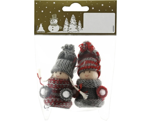 Set 2 figurine cu agățătoare tricot 9,5 cm gri/roșu Logo Geroma. Două păpuși de Crăciun tricotate într-un ambalaj.