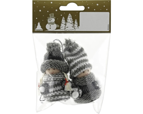 Set 2 figurine din tricot 9,5 cm gri Două păpuși tricotate ca decorațiuni de pom de Crăciun într-o pungă de plastic transparentă