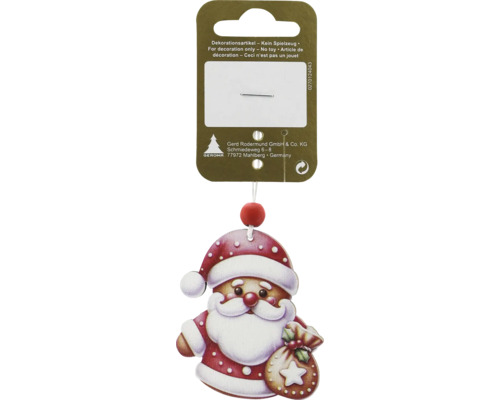 Decorațiune Moș Crăciun cu agățătoare lemn 6x5,5 cm roșu Decorațiune brad de Crăciun Moș Crăciun pe ambalaj