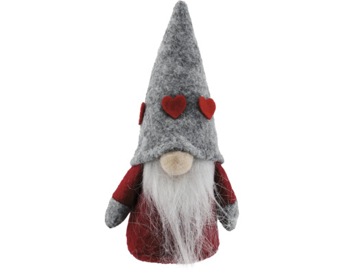 Figurină pitic pâslă 15 cm gri/roșu Figurină decorativă cu pitic cu barbă lungă și decorațiuni în formă de inimă pe pălărie