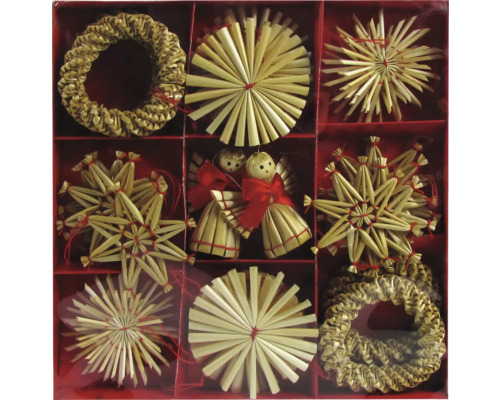 Cutie 24 ornamente din paie 5-6 cm Stele de paie și decorațiuni din paie într-o cutie roșie pentru decorațiuni de Crăciun