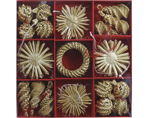 Cutie 32 ornamente din paie Set de stele de paie și ornamente de paie într-o cutie roșie