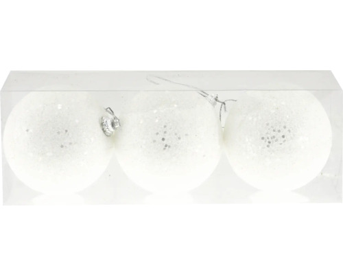 Set globuri Crăciun plastic Ø 8 cm alb cu sclipici 3 buc. Trei globuri de Crăciun albe cu sclipici într-un ambalaj transparent.