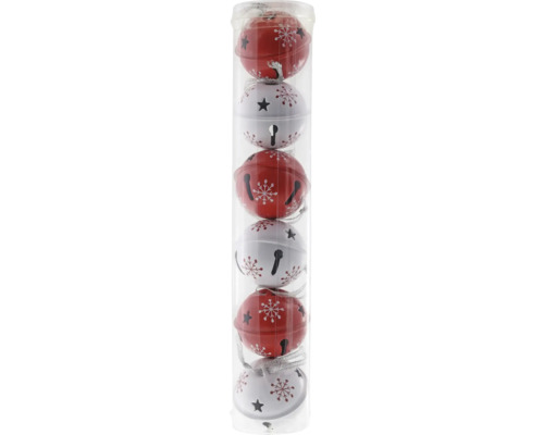 Set clopoței cu agățătoare metal Ø 5 cm roșu/alb 6 buc. Pachet de clopoței de pom de Crăciun în ambalaj transparent