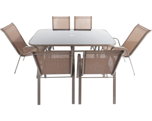 Set de mobilier de grădină cu blat de sticlă și șase scaune