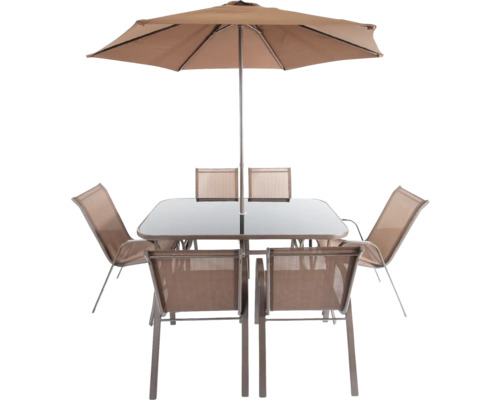 Set mobilier de grădină cu umbrelă de soare și șase scaune