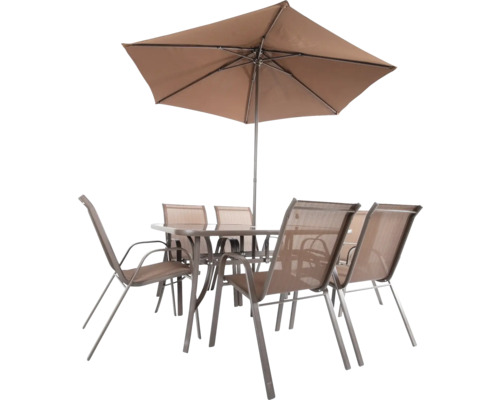 Set mobilier de grădină cu masă, șase scaune și umbrelă de soare