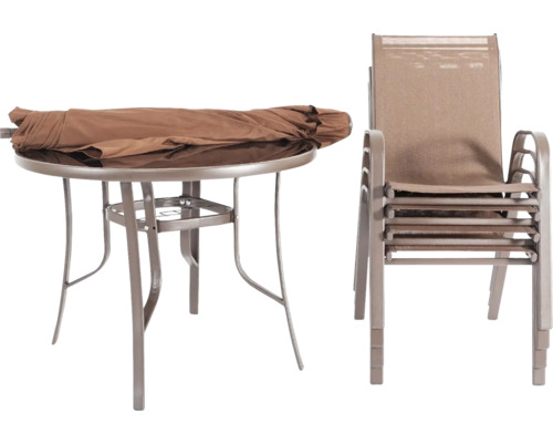 Masa de grădină cu husă de protecție și scaune de grădină stivuite
