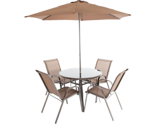 Set de mobilier de grădină cu umbrelă de soare, masă și patru scaune