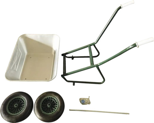 Piese separate pentru o roabă: cuvă, cadru, roți și material de fixare