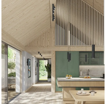 Interiorul unui spațiu de locuit luminos și deschis, cu bucătărie și tavan cu grinzi de lemn