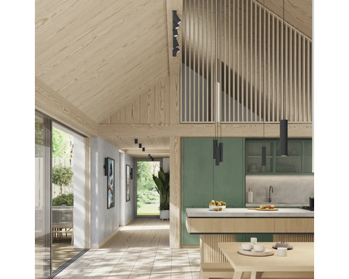 Interiorul unui spațiu de locuit luminos și deschis, cu bucătărie și tavan cu grinzi de lemn