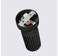 Vedere interioară a unei lămpi de perete negre cu cabluri expuse și materiale de fixare.