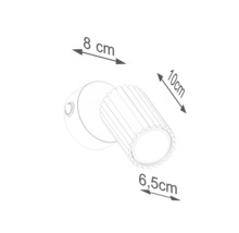 Desen tehnic al unei lămpi de perete cu dimensiunile de 8 cm, 10 cm și 6,5 cm.