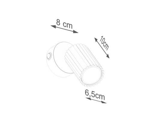 Desen tehnic al unei lămpi de perete cu dimensiunile de 8 cm, 10 cm și 6,5 cm.