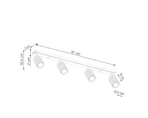 Desen tehnic al unei lămpi de tavan cu patru spoturi și indicații de dimensiuni.