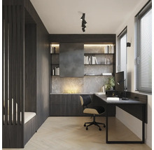 Birou modern cu birou, scaun de birou și rafturi