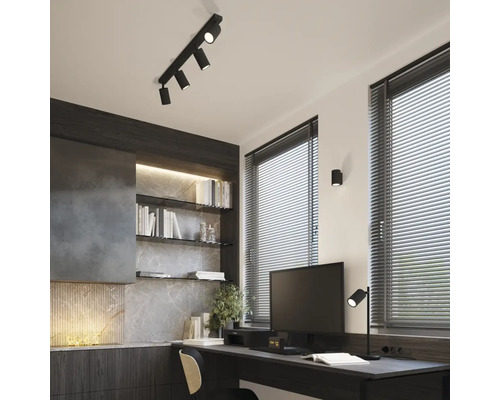 Birou modern cu birou, rafturi și spot pe șină negru cu spoturi