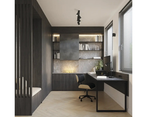Birou modern cu birou, scaun de birou și rafturi