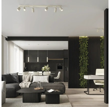 Living cu canapea, măsuțe de cafea, bucătărie și perete cu plante