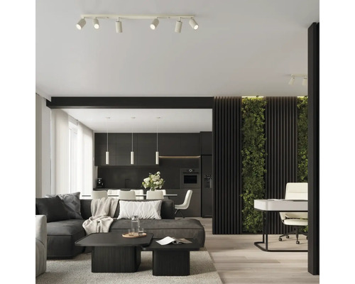 Living cu canapea, măsuțe de cafea, bucătărie și perete cu plante