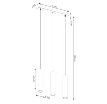 Desen tehnic al unei lămpi suspendate cu trei corpuri de iluminat și indicații de dimensiuni