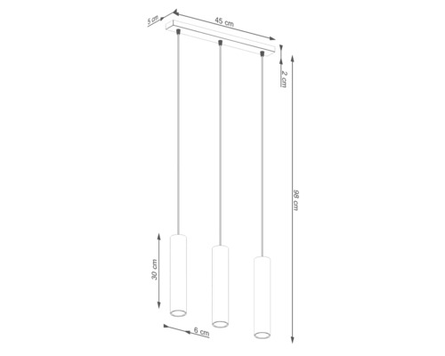 Desen tehnic al unei lămpi suspendate cu trei corpuri de iluminat și indicații de dimensiuni
