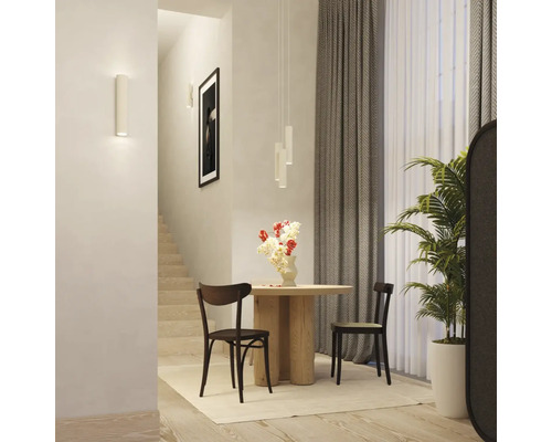 Sufragerie cu masă din lemn, scaune, flori, plantă de apartament și iluminat