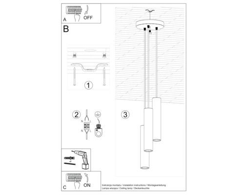 Instrucțiuni de instalare pentru o lampă suspendată, inclusiv schema de conexiuni și materialele de fixare.