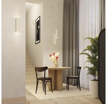 Cameră luminoasă cu masă de sufragerie, scaune, vază cu flori și plantă de interior