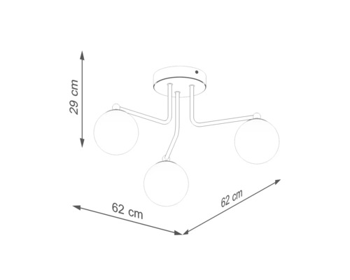 Desen tehnic al unei lămpi de tavan cu trei lumini și dimensiunile de 62 pe 62 pe 29 de centimetri.