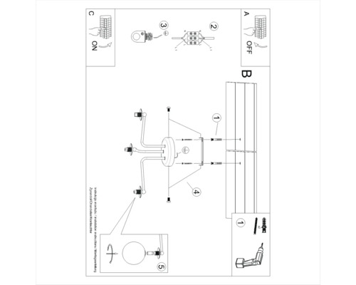 Instrucțiuni de montaj pentru un candelabru cu pași și componente numerotate