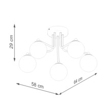 Desen tehnic al unei lămpi de plafon cu cinci brațe luminoase și abajururi rotunde, cu dimensiuni.